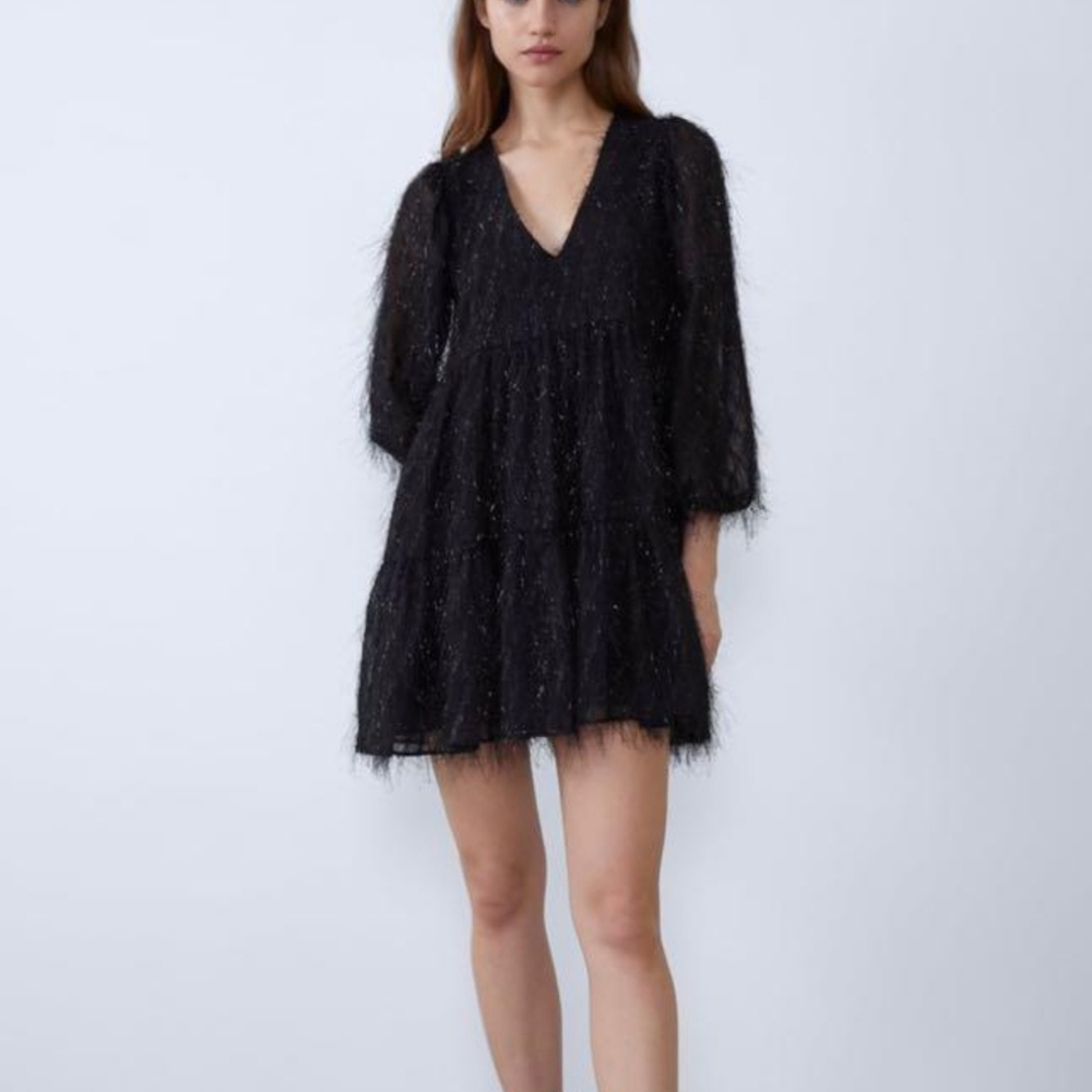 ZARA BLACK METALLIC EYELASH THREAD OVERSIZE MINI DRESS - SIZE XS NWOT